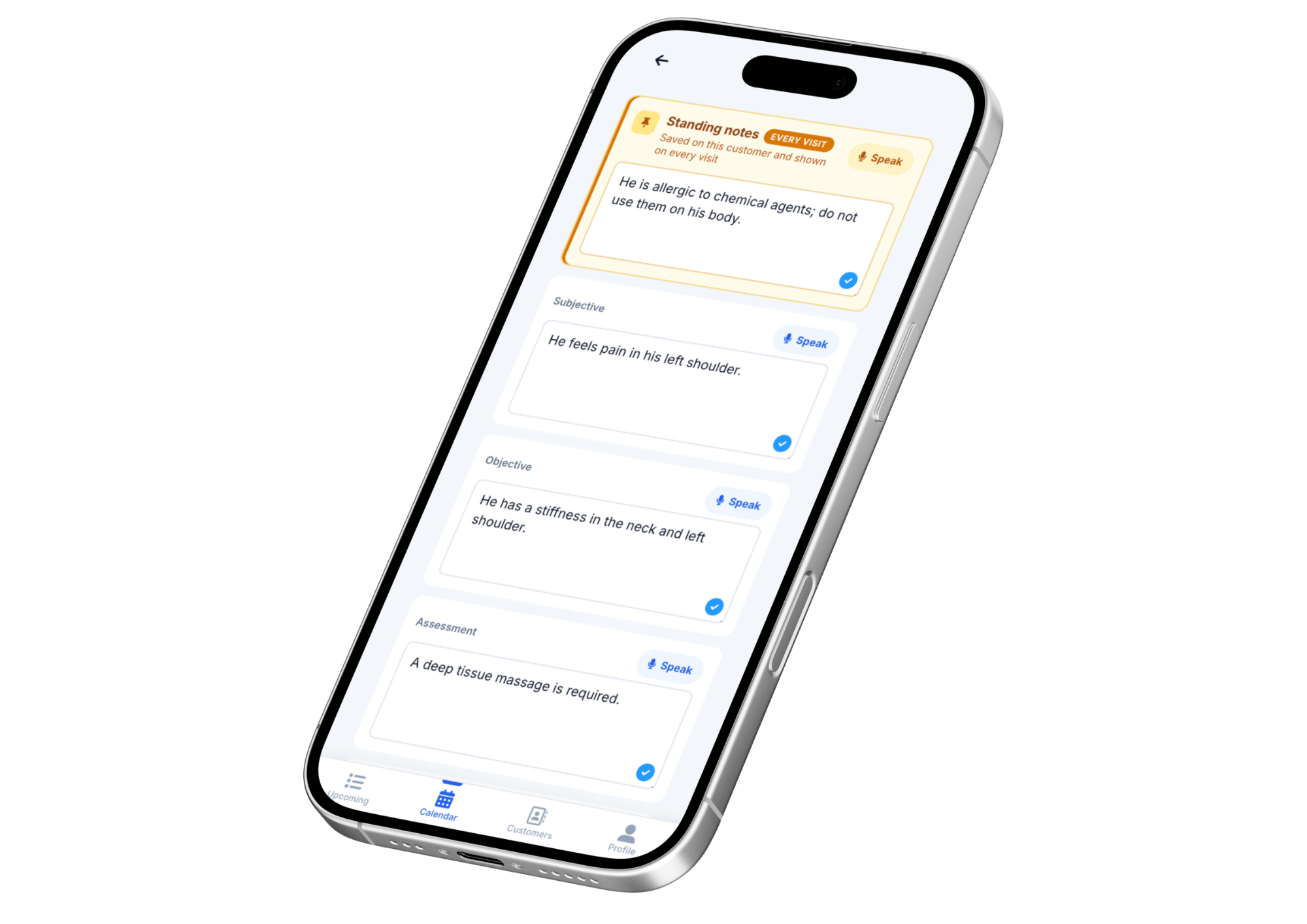 SOAP Notes editor on iPhone — standing notes, Subjective, Objective, Assessment